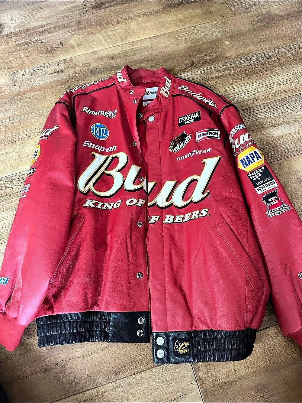 Chase Authentics Budweiser NASCAR Leather Racing Jacket Red & Black Large